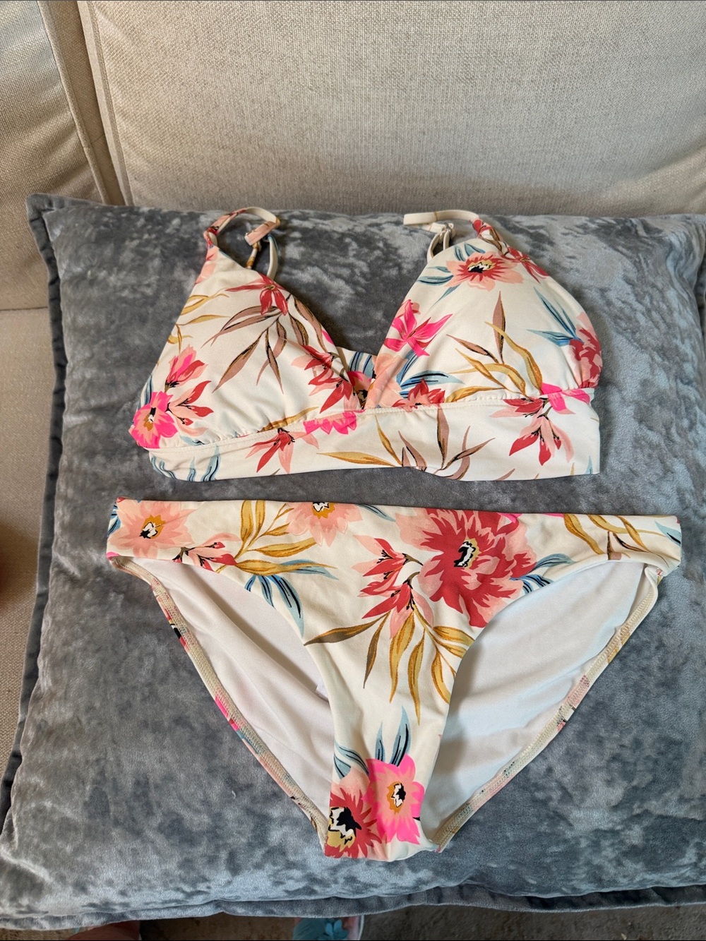 Billabong Floral Bandeau Bikini Set in Cream, Pink and Coral